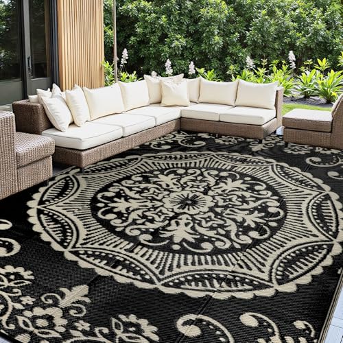 Capslpad Outdoor Rug 9x12 Patio Waterproof Boho Floral Plastic Straw Rug Large Foldable Vintage Outside Carpet with Carry Bag for RV Backyard Balcony Bench Picnic Porch, Camel - color: Black&brown, size: 9' x 12' (Rectangular)