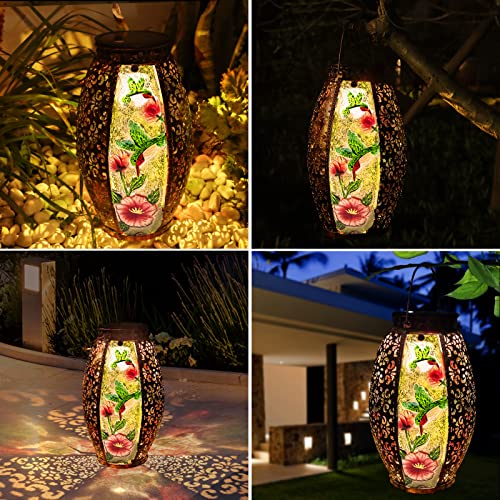 Larekook Hummingbird Solar Lantern Outdoor Waterproof,13" Large Metal Hanging Lantern Decorative,Hummingbird Solar Lights for Yard Lawn Porch Patio Garden Decor,Birthday Gifts for Women Mom - style: 2 Hummingbird