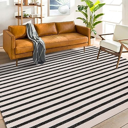 LEEVAN Outdoor Rug 4x6 ft Black and White Striped Patio Rugs, Washable Woven Cotton Boho Living Room Rug Farmhouse Collection Large Floor Carpet for Courtyard/Bedroom - color: Black and White, size: 4' x 5'11" (Rectangular)