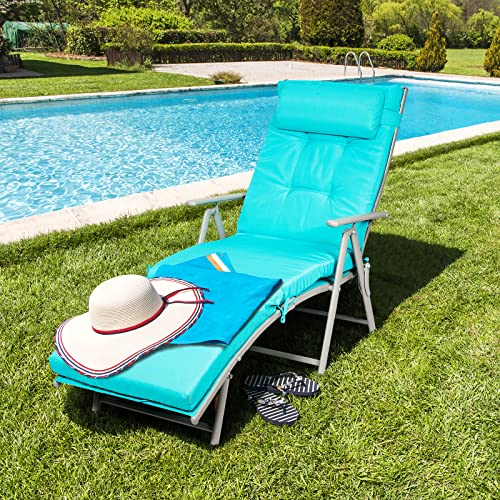 Giantex Chaise Lounge Chair for Outside, Pool Folding Reclining Beach Chair W/Removable Cushion&Headrest Pillow, Outdoor Lounge Chaise w/ 7 Backrest Positions, Portable Patio Lounger (1, Turquoise) - color: Turquoise