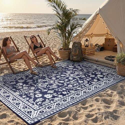 PureCozy Outdoor Waterproof 5x8 Plastic Straw Patio Rug Navy Blue Reversible for Outside Vintage Oriental Carpet Lightweight Large Rug for RV Deck Beach Balcony Picnic Backyard Entry Porch - color: Navy Blue, size: 5' x 8' (Rectangular)