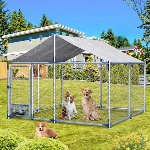 7.5ft×7.5ft Outdoor Large Dogs Kennels Enclosure - Outside Dog Cage with Waterproof roof Cover, Galvanized Steel Dogs House Fence Playpen with Rotating Feeders for Patio Backyard Farm Gardens - size: 90"D×90"W×63"H- w/rotating feeders