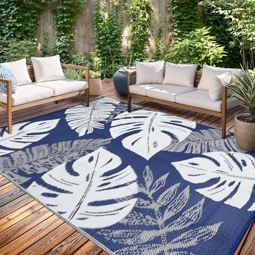 GarveeLife Waterproog Outdoor Rug 10x14 Reversible Plastic Straw Rug for Patio, Reversible Indoor Outdoor Rugs Foldable RV Camping Picnic Mat with Portable Bag & 4 Stakes, UV Resistant & Easy to Clean - color: Leaf|navy&white, size: 10' x 14' (Rectangular