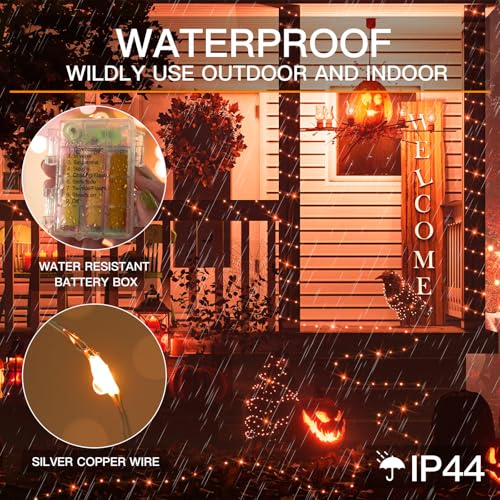 suddus Orange Halloween Fairy Lights Battery Operated, 66ft 200 LED Copper Wire Twinkle Lights Waterproof, String Lights with Remote for Bedroom, Party, Yard, Door, Garland, Tree Decorations - color: Orange, size: 200LED