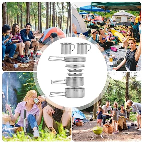 Camping Cooking Set 8PCS Stainless Steel Camping Cookware Portable Cooking Pot and Pan Set with Plates Cups for 5-6 Adults Outdoor Hiking Picnic BBQ, Camping Pots and Pans Set