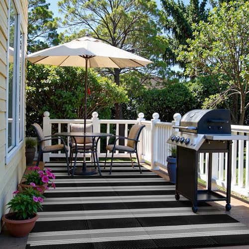 Lahome Striped Outdoor Rug Waterproof, 6x9 Reversible Outdoor Plastic Straw Rug for Camping, RV Patio Rugs Large Carpet for Porch Deck Backyard Balcony Picnic(Black/Grey,6'x 9') - color: Black/Multi, size: 6'x9'