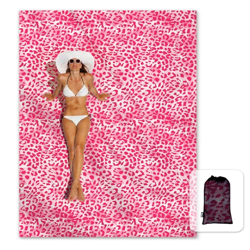 Sunlit Large Cheetah Beach Blanket Waterproof Sand Proof, 81" x106" Sand Free Beach Mat with Corner Pockets and Storage Bag, for Travel Beach Camping Outdoor Festival, Hot Pink Leopard - color: Hot Pink