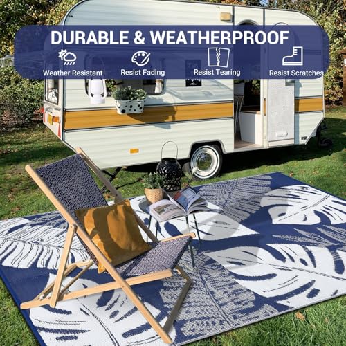 Waterproof Outdoor Rug 10x14 ft, Plastic Straw Patio Area Rug, Reversible Tropical Leaf Porch Mat, Picnic Camping Portable Carpet Rug, for RV Camper, Deck, Balcony, Porch, Beach, Navy/White - color: Navy & White, size: 14' x 10' (Rectangular)
