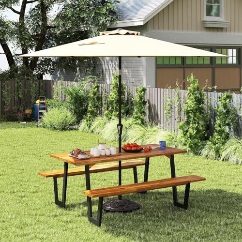 S AFSTAR 70" Acacia Wood Outdoor Picnic Table Set with 10Ft Umbrella & Base, Heavy Duty Wooden Outside Dining Table Set with Bench, All-Weather Patio Dining Set for 6, Garden, Backyard - size: Large
