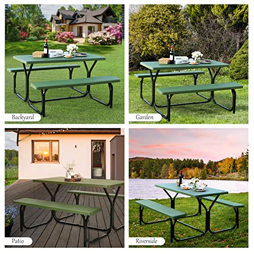 Giantex Picnic Table Bench Set Outdoor Camping All Weather Metal Base Yard Pool Dining Party Garden Patio Lawn Deck Large Camping Table (Green) - color: Green, size: 4.5FT