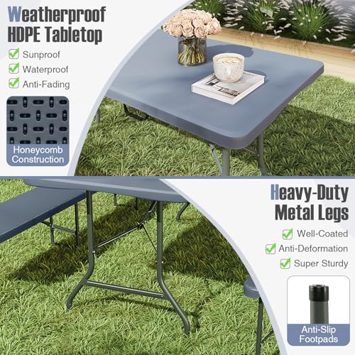Goplus 6ft Plastic Folding Table, 350 LBS Outdoor Heavy Duty Folding Tables with HDPE Tabletop, Handle, Lock, Foldable Rectangle Portable Utility Card Table for Picnic, Party, Camping, Dining - color: Grey, size: 6 FT