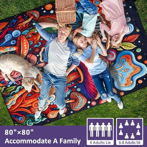 Mushroom Picnic Blankets Waterproof Foldable Picnic Outdoor Blanket 80"x 80" Picnic Mat 3-Layer Thicking Outdoor Foldable Blankets Sandproof Lightweight Beach Blankets with Strap Machine Washable - color: Mushroom02, size: 80*80in