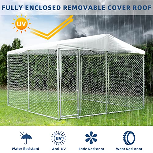 Outdoor Large Dog Kennel, Heavy Duty Dog Cage Pet House Galvanized Steel Fence Dog Playpen Puppy Exercise Pen Dog Run Cage w/UV & Waterproof Cover and Secure Lock (9.84'Lx9.84'Wx7.21'H) - size: 9.84'Lx9.84'Wx7.21'H