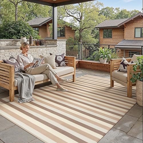 PureCozy Outdoor Waterproof Patio Rug 5x8 Plastic Straw Reversible Outside Beige Striped Carpet Lightweight Large Rug for Camping RV Porch Deck Balcony Beach - color: Stripe | Beige Brown, size: 5' x 8' (Rectangular)