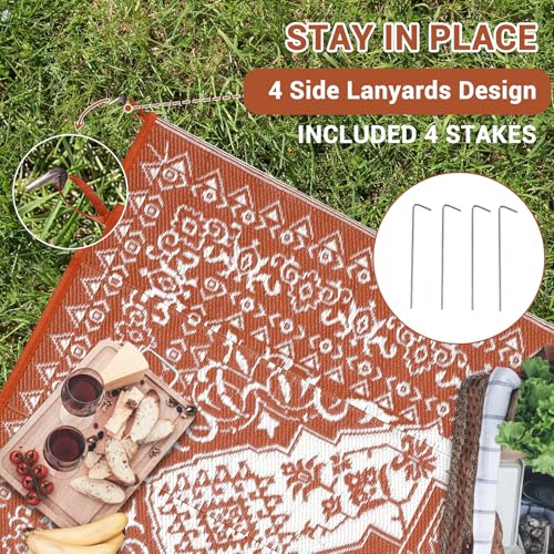 GlowSol Waterproof Outdoor Rug 5x8 Reversible Plastic Woven Straw Mat Portable Vintage Floral Patio Rugs - Perfect for Camping, RVs, Patios, Backyards, Decks, Picnics, and Beach Use, Red - color: Vintage Red/White, size: 5' x 8' (Rectangular)