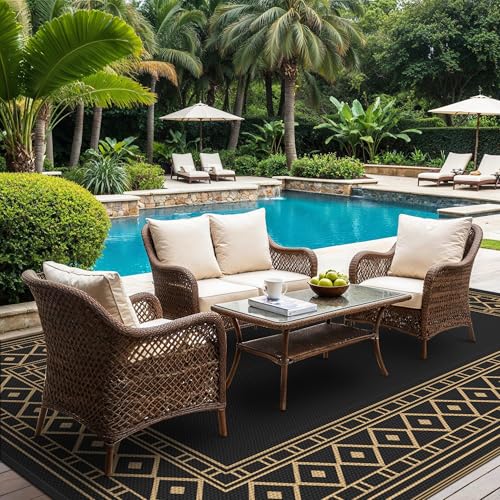 GENIMO Outdoor Rug Waterproof 9'x12' for Patio, Foldable Reversible Plastic Straw Carpet for Travel Trailers, Outside Area Mat for Rv, Deck, Picnic, Porch, Camper, Balcony, Beach, Black & Brown - color: Black & Brown | Natural, size: 9' x 12' (Rectangular