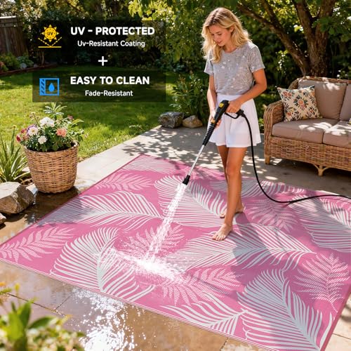 Pauwer Waterproof Outdoor Rug 8x10, Reversible Plastic Straw Patio Camping Rug, Indoor Outdoor RV Mat Carpet for Deck, Camper, Porch, Balcony, Backyard, Picnic, Leaf Pink - color: Leaf Pink, size: 8' x 10' (Rectangular)