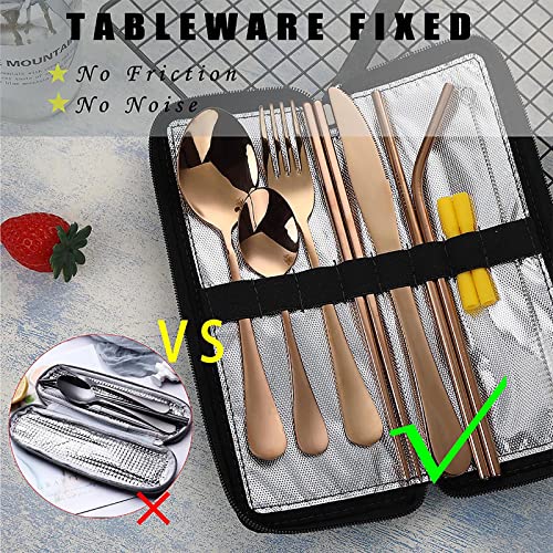Portable Travel Utensils, Reusable Silverware with Case for Fixing Tableware, 9 Pieces Stainless Steel Stable Flatware Set, Camping Picnic Cutlery Set (Rose Gold Set) - color: Rose Gold Set, size: 9 Pieces - Medium