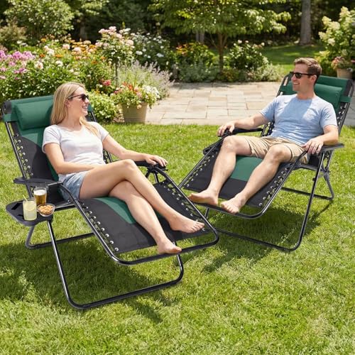 NEWBULIG Padded Zero Gravity Chair, Foldable Outdoor Lounge Chair for Patio, Camping & Backyard, Portable Anti-Gravity Recliner, Adjustable Locking, Removable Tray, 330 lbs Capacity, Black & Green