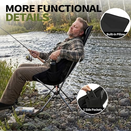 SHALLWE Camping Chairs, All Aluminum Frame Portable Folding Camp Chair for Adults, Heavy Duty High Back Collapsible with Built-in Pillow, Side Pocket, Carry Bag for Backpacking, Hiking, Beach - color: Black