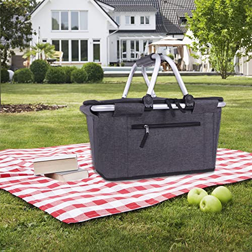 Picnic Basket, SIYUAN Collapsible Market Basket Insulted Cooler with Handles 27L Large Farmers Grocery Basket with Lid Portable Tote Bag, Black - color: Black