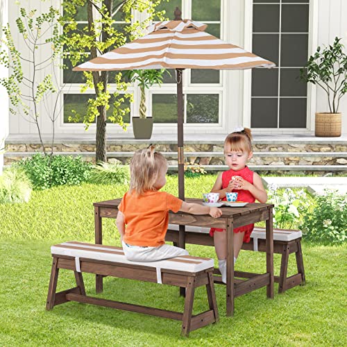 KOTEK Kids Picnic Table with Umbrella Foldable, Backyard Wooden Table & Bench Set w/Removable Cushions, Activity Art Play Table, Indoor Outdoor Toddler Picnic Table for Patio, Lawn & Garden (Brown) - color: Brown