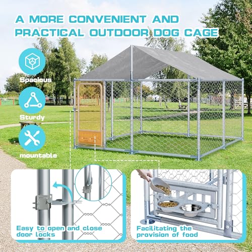 7.5ft×7.5ft Outdoor Large Dogs Kennels Enclosure - Outside Dog Cage with Waterproof roof Cover, Galvanized Steel Dogs House Fence Playpen with Rotating Feeders for Patio Backyard Farm Gardens - size: 90"D×90"W×63"H- w/rotating feeders