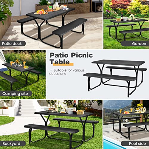Moccha Picnic Table Bench Set - Portable Plastic Picnic Table w/Steel Frame & Wood-Like Texture, All Weather Heavy Duty Picnic Table Kit, Picnic Tables for Outdoors Garden Patio Party Dining (Black) - color: Black