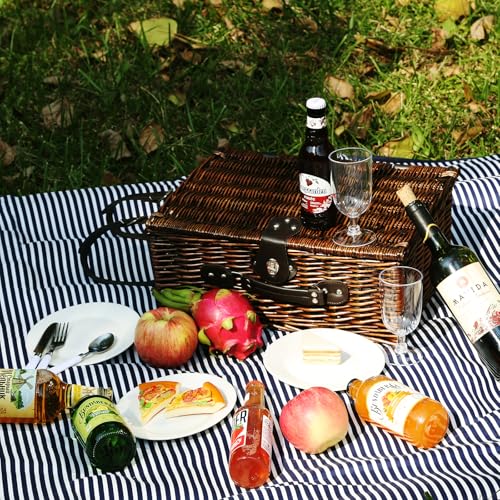 Picnic Basket Set for 4 with Waterproof Blanket Mat Insulation Bag Wicker Navy Blue Vintage Classic Gift for Christmas Thanksgiving Wedding Birthday Camp Outdoor Beach Travel - color: Blue and White Stripes