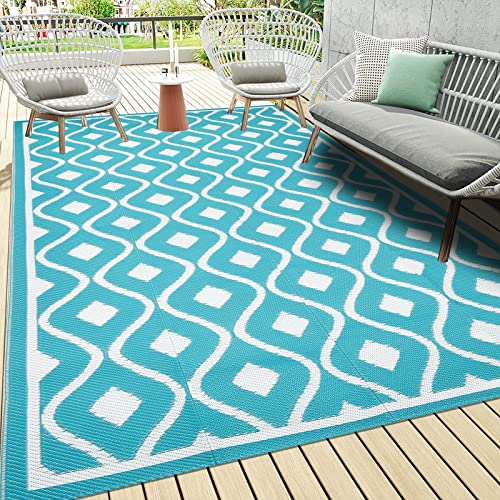 Pauwer Waterproof Outdoor Rug 6x9, Reversible Plastic Straw Patio Camping Rug, Indoor Outdoor RV Mat Carpet for Deck, Camper, Porch, Balcony, Backyard, Picnic, Geometric Teal - color: Geometric Teal, size: 6' x 9' (Rectangular)
