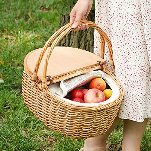 Wicker Picnic Basket with Cooler, Wooden Split Lid Picnic Basket, Vintage-Style Wicker Picnic Hamper with Folding Woven Handle for Picnic, Camping, Outdoor, Valentine Day, Thanks Giving, Birthday - color: White W/Cooler