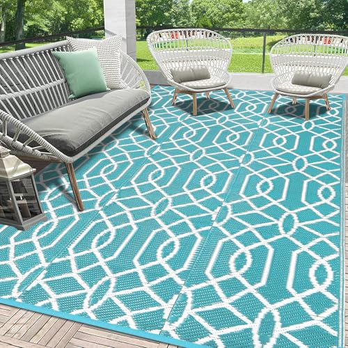 HEBE Outdoor Rug Waterproof 6x9, Reversible Plastic Straw Rug RV Camping Rug, Indoor Outdoor Patio Mat Clearance, Outside Carpet for Porch,Deck,Camper,Balcony,Backyard,Picnic - color: Line/Teal, size: 6' x 9' (Rectangular)