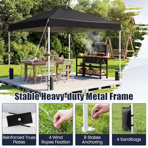 Tangkula 10 x10 Ft Pop Up Canopy with Center Lock, UPF 50+ One-Button Setup Outdoor Canopy Tent with Roller Bag, 4 Sand Bags, Heavy-Duty Steel Frame, 8 Stakes, 4 Ropes for Camping, Picnic (Black) - color: Black