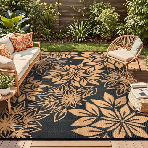 Large Waterproof Outdoor Rug 5' x 8', Reversible Black & Brown Plastic Woven Carpet, Fade & UV Resistant, Stain Proof, Portable RV Camping Mat for Deck, Porch, Patio, Garden, Picnic - color: Black, size: 5' x 8' (Rectangular)