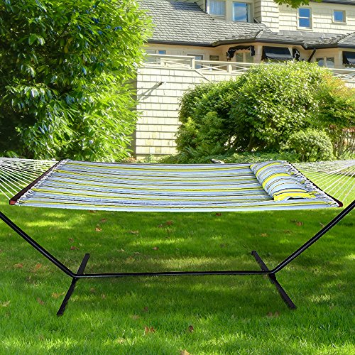 Sorbus 2-Person Stylish Hammock with Stand- 53" Large Cotton Outdoor Hammock- Spreadedbars & Pillow Included- Heavy Duty 450lbs Portable Hammock for Garden Patio Outdoor Camping- Comfortable, Washable
