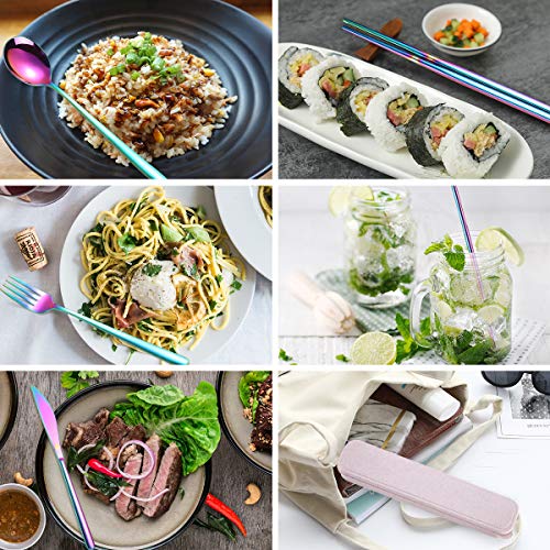 AARAINBOW 6 Pieces 18/8 Stainless Steel Flatware Set Portable Reusable Cutlery Set Travel Utensils Set Including Chopsticks Knife Fork Spoon Straws Cleaning Brush Dishwasher Safe (Multicolored) - color: Multicolor