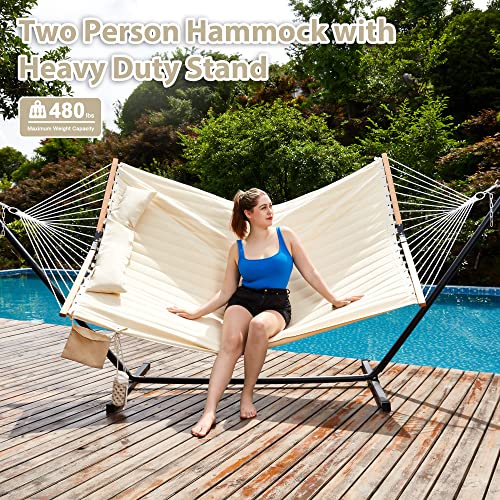 Homgava Two Person Hammock with Stand for Outside Heavy Duty, Outdoor Patio Hammock with Portable Steel Stand, Large Double Hammocks,480lbs Capacity.(Off White) - color: Off White