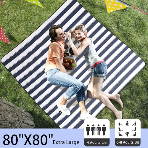 HX&OD Outdoor Picnic Blanket Extra Large, 80”x80” Waterproof Picnic Mat Foldable Camping Blanket Portable with Carry Strap for Beach Mat (Bule) - color: Blue&white, size: 80 x 80 inches