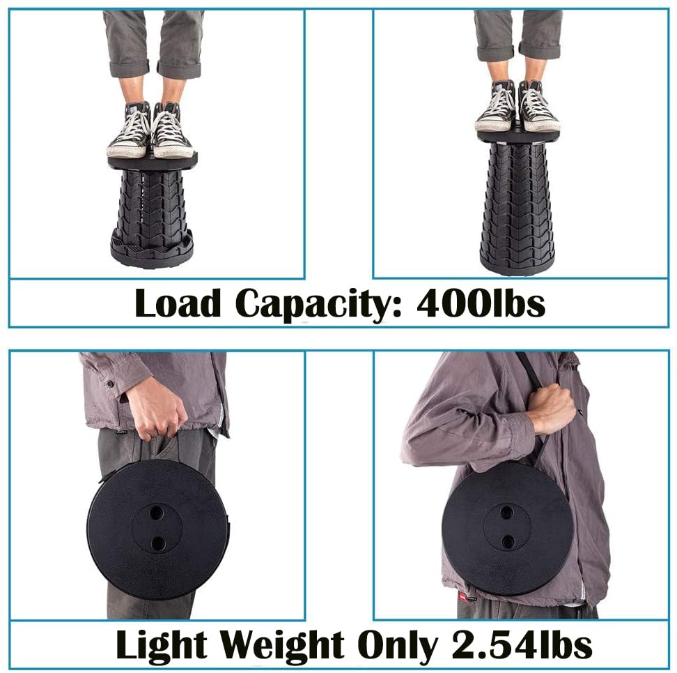 Fishboy Upgraded Collapsible Stool, 400lbs Max Weight, Lightweight But Sturdy, Portable Retractable Folding Telescoping Foldable Camping Stool for Adults Outdoor Fishing Hiking BBQ - color: Black