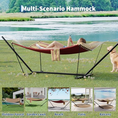 2 Person Double Hammock with Adjustable Steel Stand & Pillow, Heavy Duty Portable Outdoor Hammock Set, MAX 450 LBS Weight Capacity for Patio, Garden, Beach, Backyard - color: V-wine Red & Brown-yellow Striped