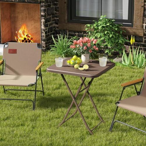 Tangkula 23.5" Square Folding Table, Indoor Outdoor Foldable Plastic Table with Rattan Textured HDPE Tabletop, Sturdy Metal Fame, Carrying Handle, 4 Person Picnic Table for Camping BBQ Party - color: Coffee, size: 23.5 in, style: Classic