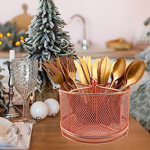 DysanVica 360 Rotating Metal Utensil Caddy - 4 Compartment Silverware Cutlery Holder Fork Spoon Napkin Organizer Flatware Storage Basket Party Countertop Buffet Picnic Camping Outdoor Rose Gold Pink - color: Rose Gold
