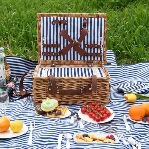 Willow Picnic Basket Set for 4 with Large Insulated Bag and Waterproof Picnic Blanket, Wicker Picnic Hamper for Camping, Outdoor, Birthday, Valentine, Navy - color: Navy With Blanket, size: For 4 Persons