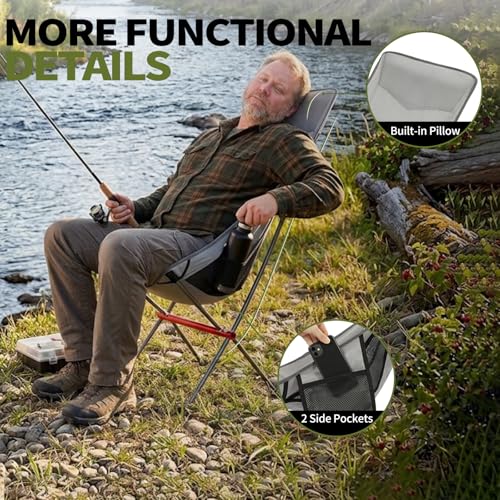 SHALLWE Camping Chairs, All Aluminum Frame Portable Folding Camp Chair for Adults, Heavy Duty High Back Collapsible with Built-in Pillow, Side Pocket, Carry Bag for Backpacking, Hiking, Beach - color: Grey