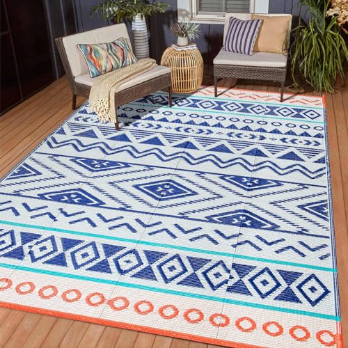 Outdoor Rugs Patio Camping Waterproof - 5x8 Plastic Straw Patio Rug Portable for Campers, Outside RVs Mat, Outdoor Area Carpet for Patios Clearance, Backyard Porch, Balcony, Picnic - color: Blue Red, size: 5' x 8' (Rectangular)