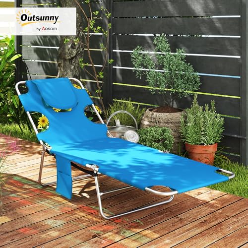 Outsunny Chaise Lounge Chair Outdoor with Face Arm Hole, 5-Position Reclining Face Down Tanning Chair with Carry Strap, Side Pocket, Portable Folding Bed Cot for Patio Beach Pool, Light Blue - color: Light Blue, size: 1 Piece