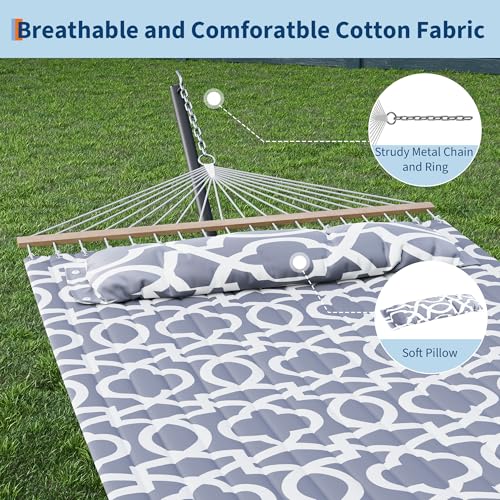 GarveeLife 57" 2 Person Outdoor Hammock, Widening Design Cotton Hammock with Metal Stand, Heavy Duty Construction, 450 LBS Weight Capacity, Light Grey - color: Light Grey