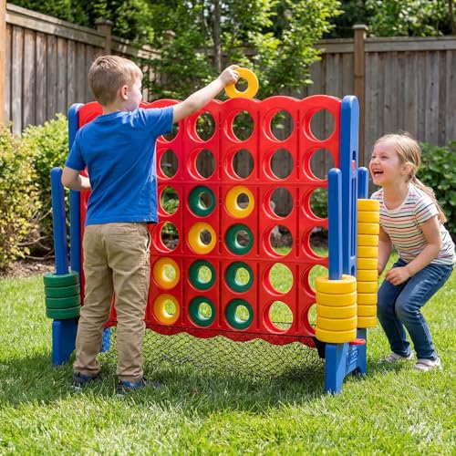 KOTEK Giant 4-in-a-Row Game, 3.5 Feet Tall Jumbo 4-to-Score Family Fun Game w/Quick-Release Sliders & 42 Large Rings, Oversized Connect Plastic Yard Game Outdoor for Kids & Adults (with Mesh Pocket) - color: With Mesh Pocket