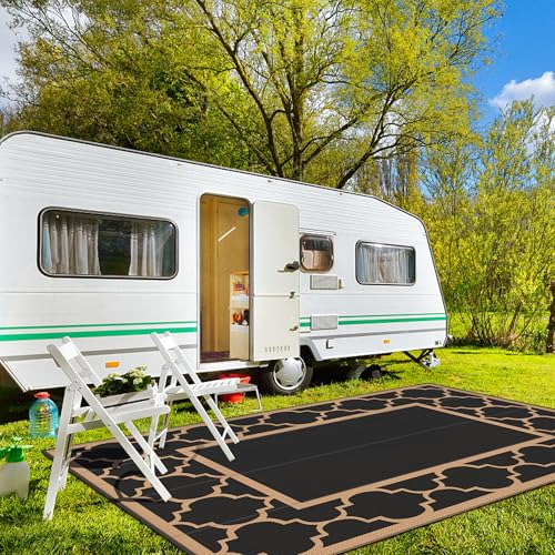 GENIMO 10 ' x 14 ' Outdoor Rug Waterproof for Patio Decor, Foldable Reversible Plastic Straw Area Rugs Mat for Camper, Outside Carpet for Rv, Deck, Porch, Picnic, Beach, Balcony, Black & Brown - color: Black&brown, size: 10' x 14' (Rectangular)
