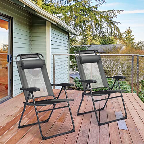 Giantex Set of 2 Patio Dining Chairs, Folding Lounge Chairs with 7 Level Adjustable Backrest, Headrest, 300 Lbs Capacity, Outdoor Portable Chairs with Metal Frame (2, Gray) - color: Grey